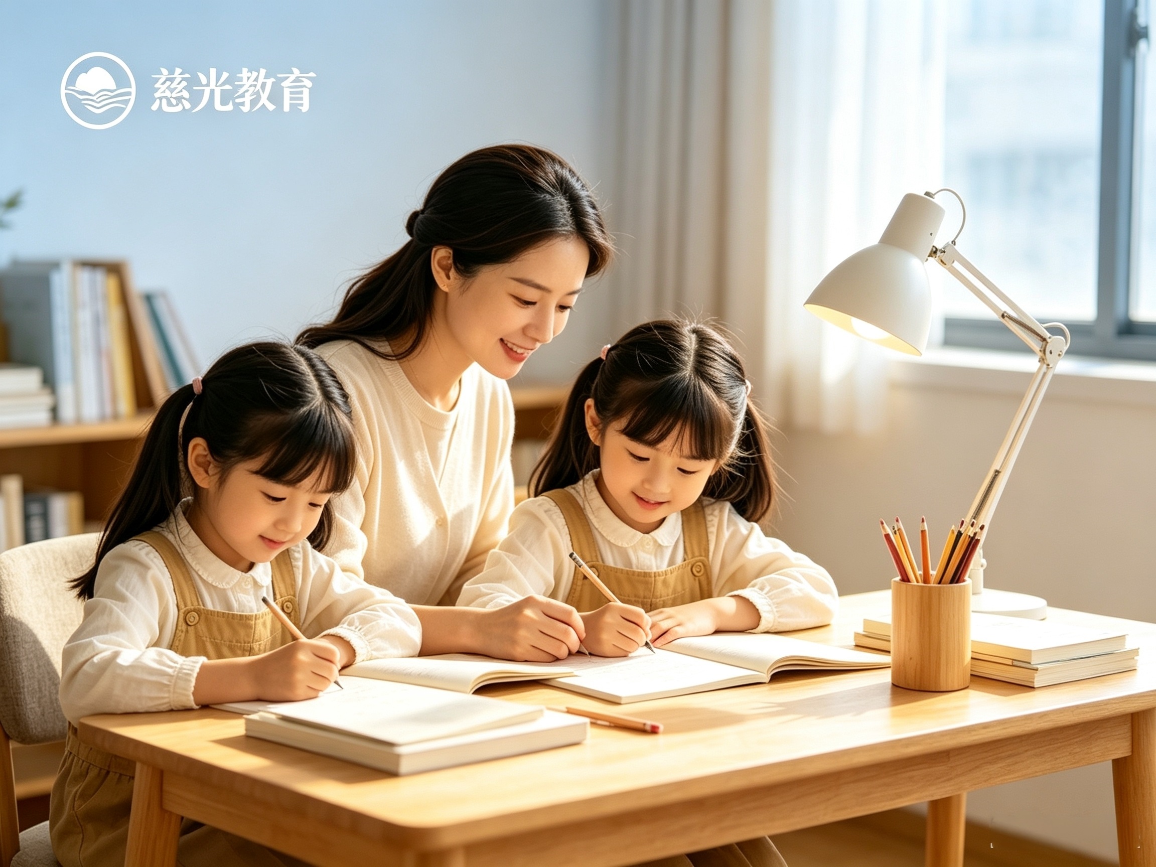 老师辅导两名小学生写作业